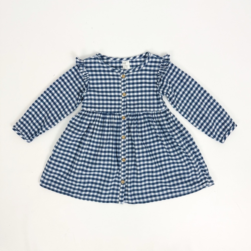 H&M Long-Sleeved Gingham Ruffle Button-Front Dress | 12M-18M